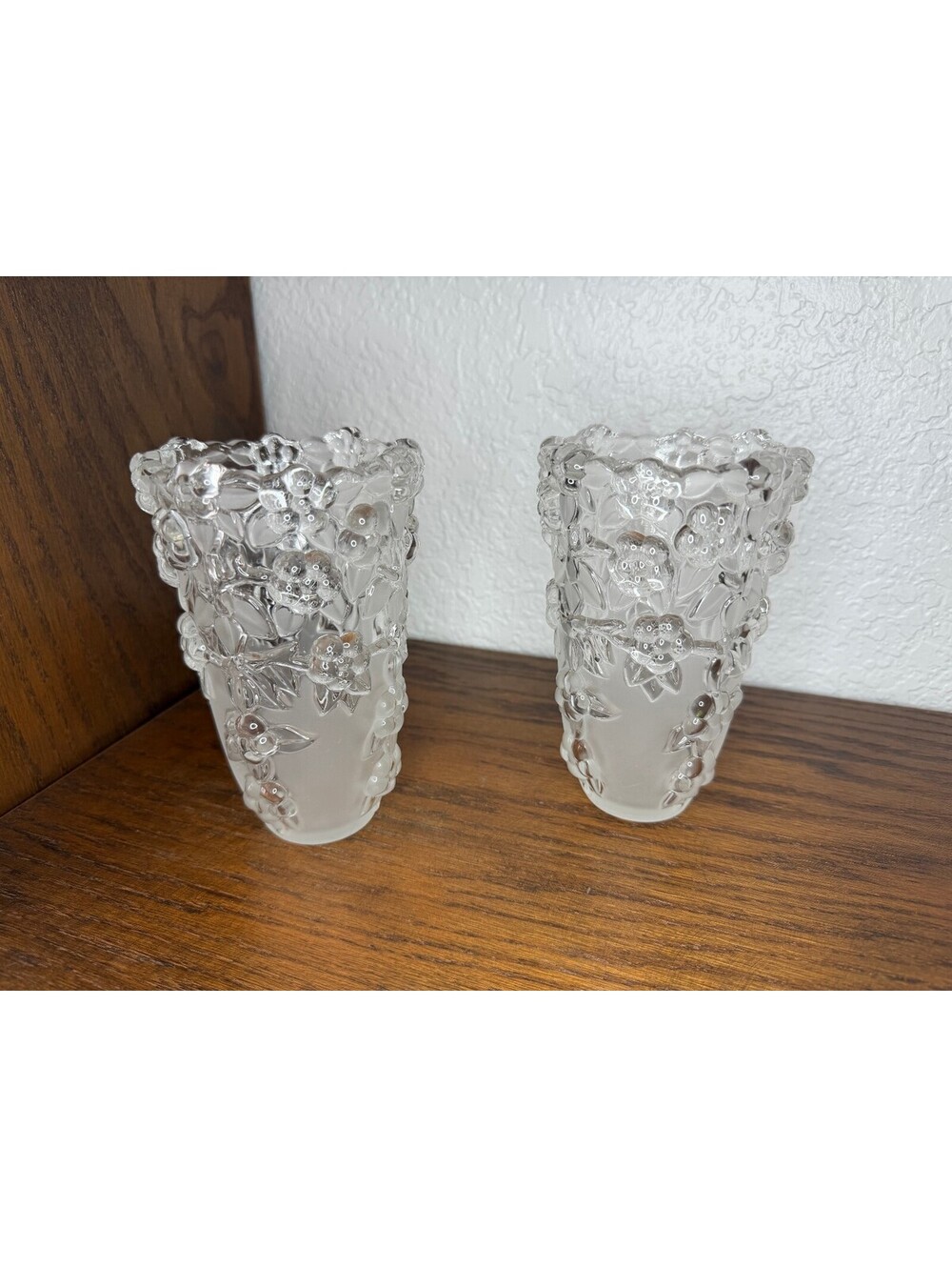 Pair of Frosted Floral Glass Vases – Embossed Flower Design, Vintage Home Décor
